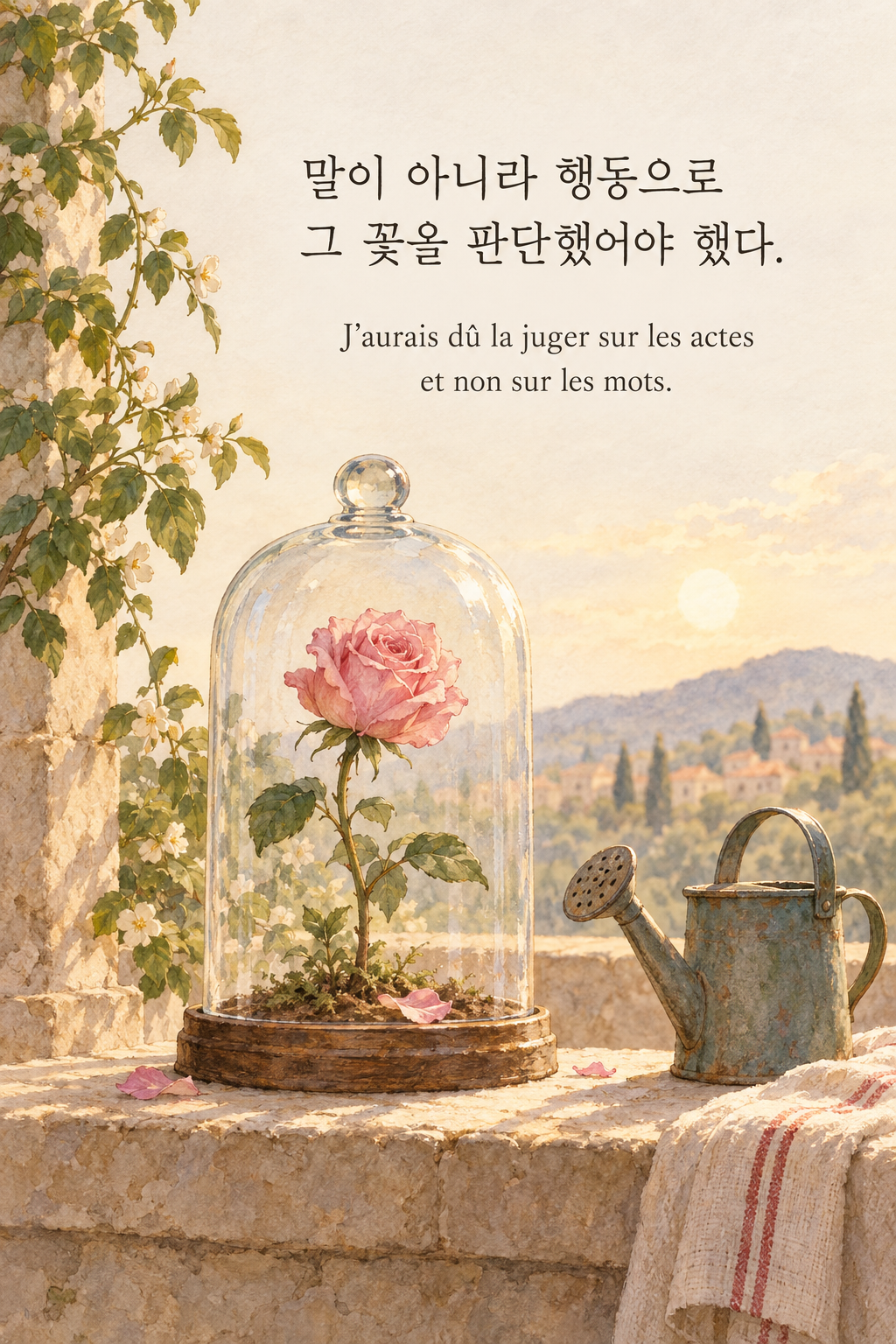 말이 아니라 행동으로 그 꽃을 판단했어야 했다. 프랑스어 원문과 함께 담은 어린 왕자 그림 이미지