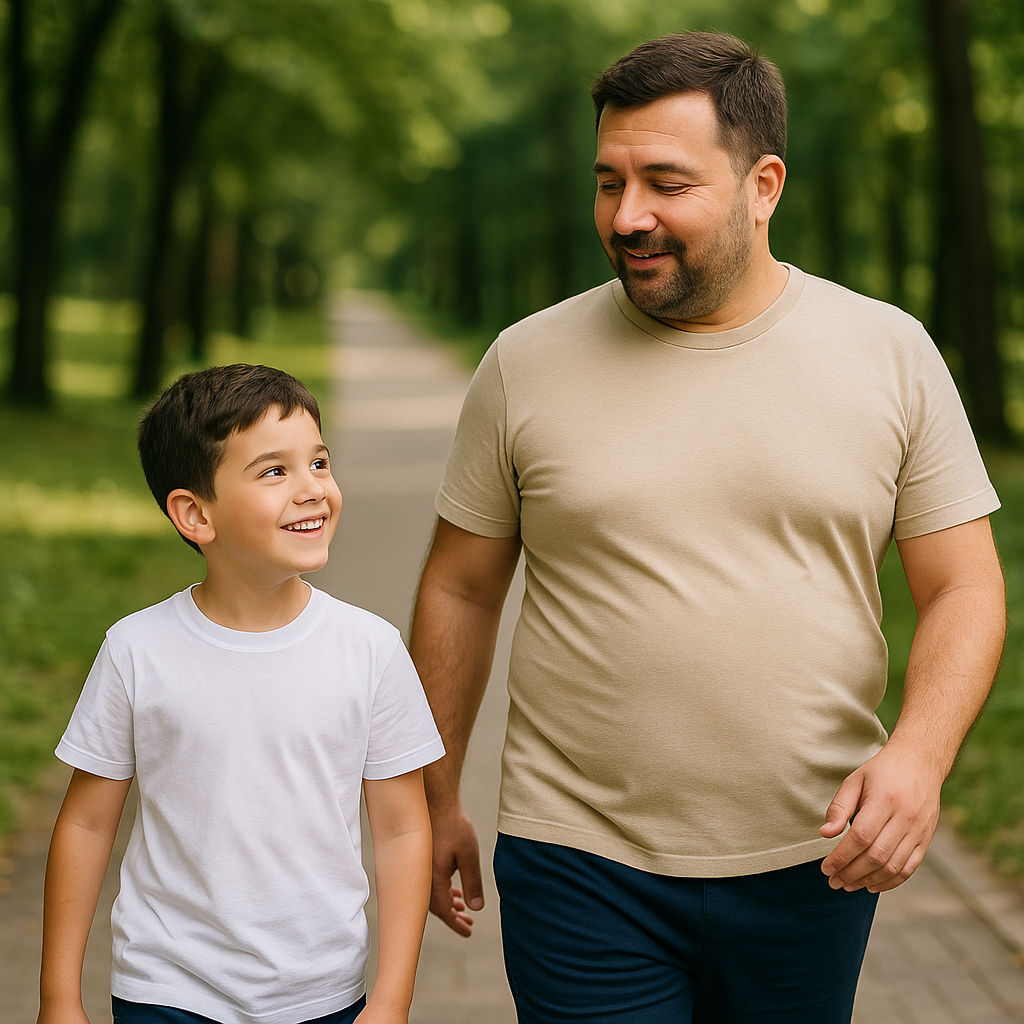 뱃살이 많이 나온 아빠가 아들과 공원을 걷는 모습
