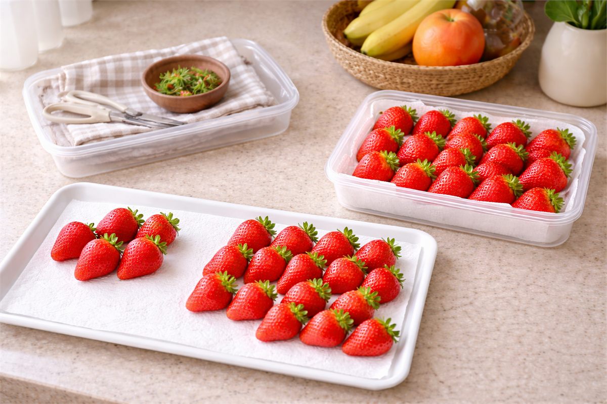 딸기 보관 용기를 냉장고 선반에 넣는 장면