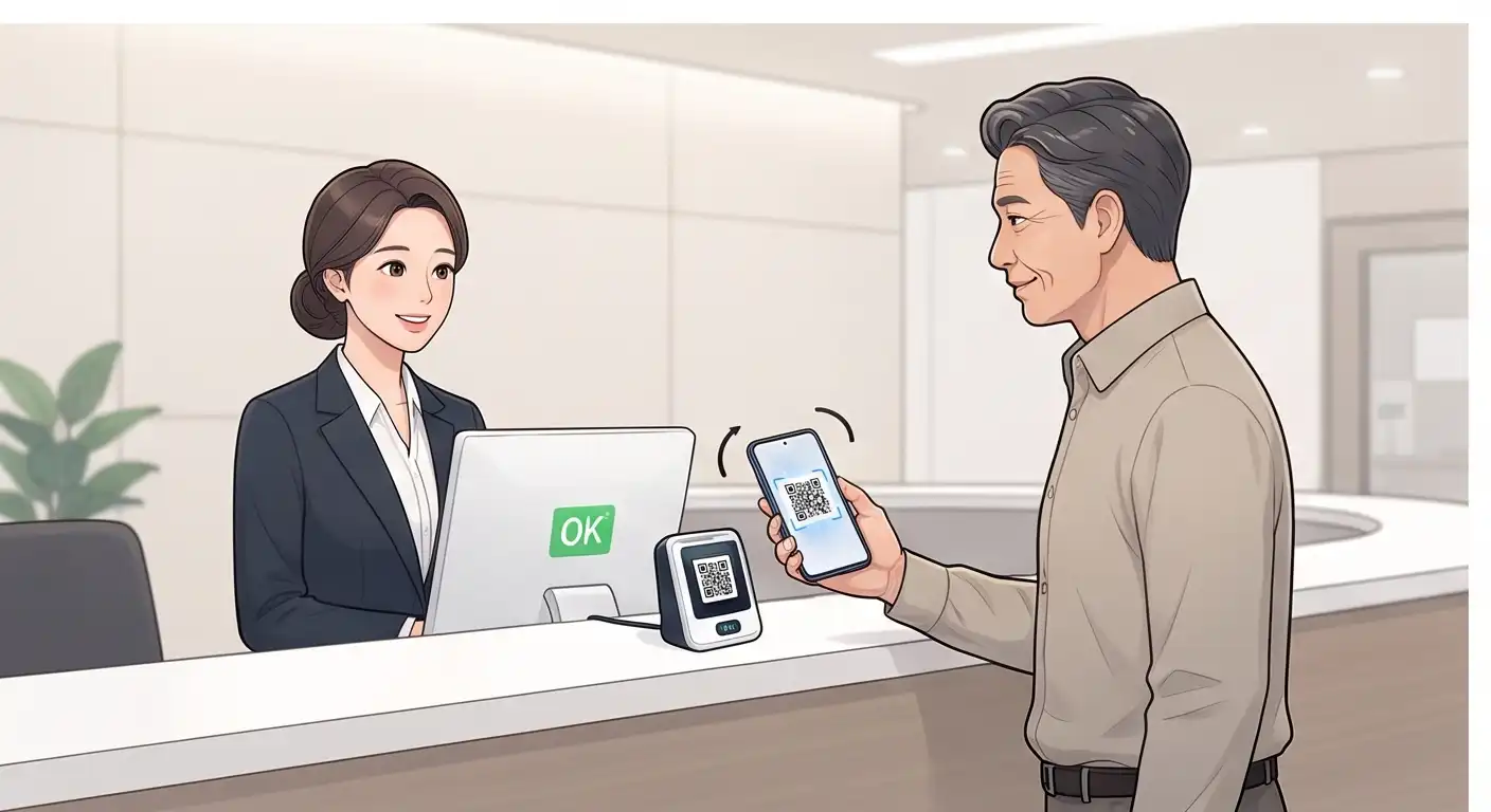 고객이 안내 데스크에서 스마트폰의 모바일 운전면허증 QR코드를 리더기에 인식시키는 모습