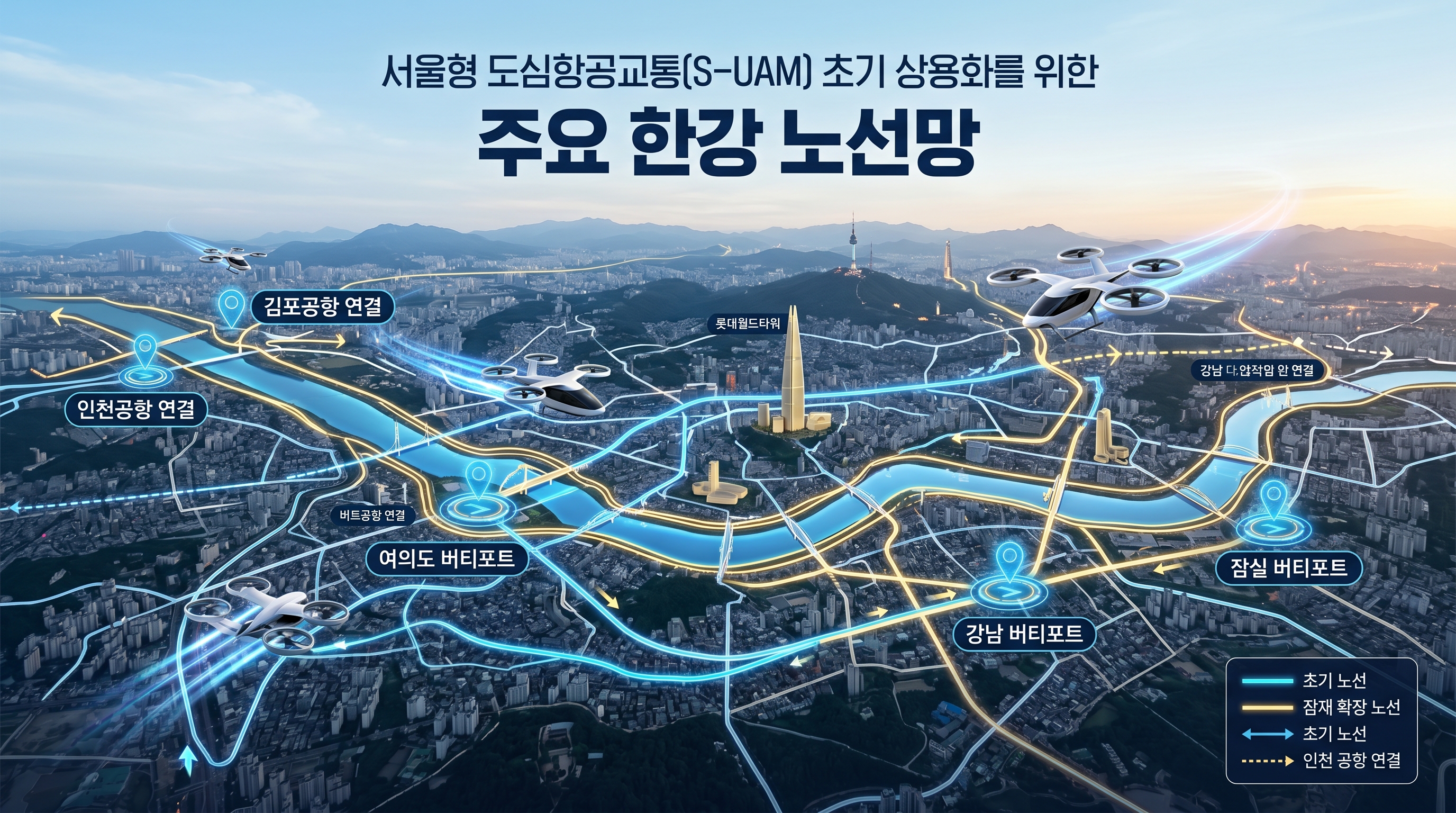 서울시의 S-UAM(서울형 도심항공교통) 초기 상용화 주요 한강 노선망