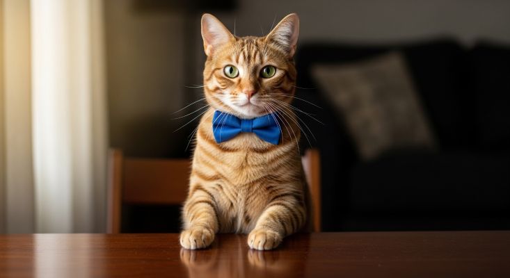 테이블에 앉아 있는 태비 고양이