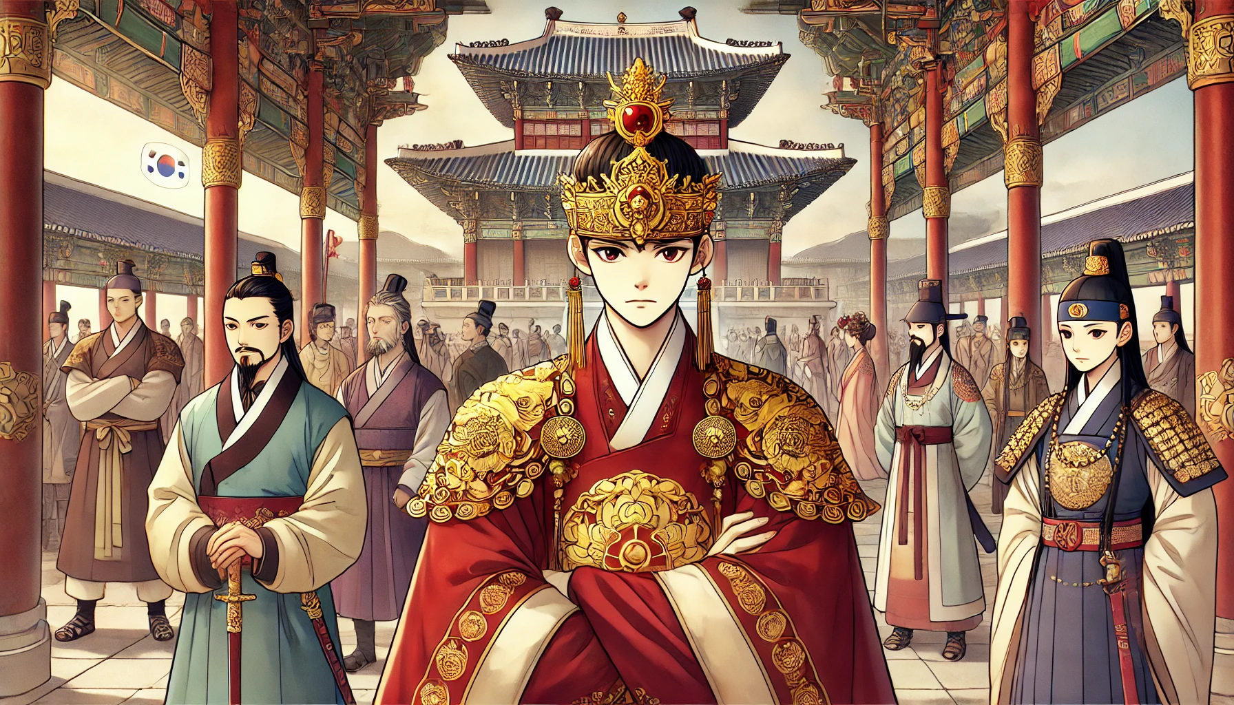 백제 왕들이 전통 왕실 복장을 입고 궁전에서 서 있는 장면을 애니메이션 스타일