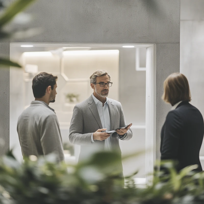 현대적이고 세련된 사무실 환경에서 고객에게 ETF 전략을 설명하는 전문 금융 자문가, 명확성과 전문성을 강조한 차분한 분위기
