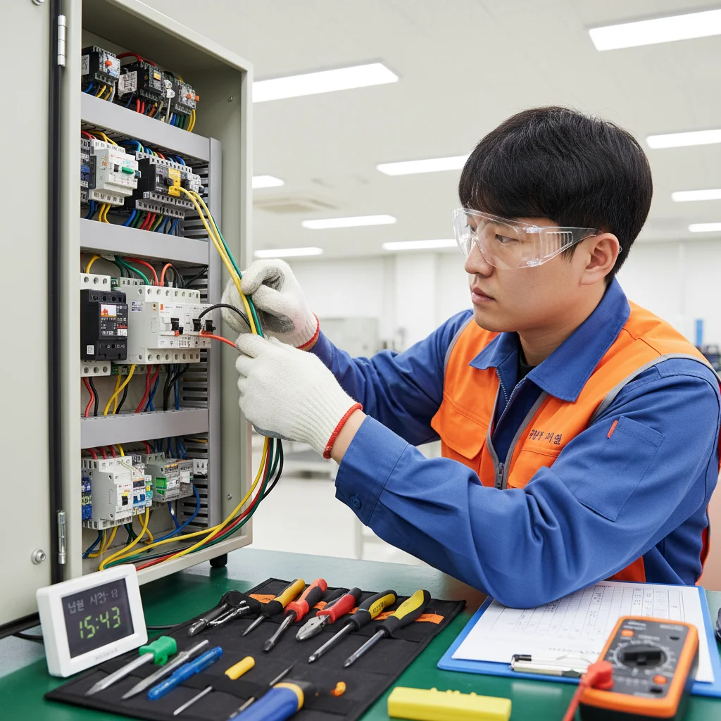 2026년 전기기능사 실기 시험장에서 수험생이 제어반 배선 작업을 집중해서 수행하고 있는 모습