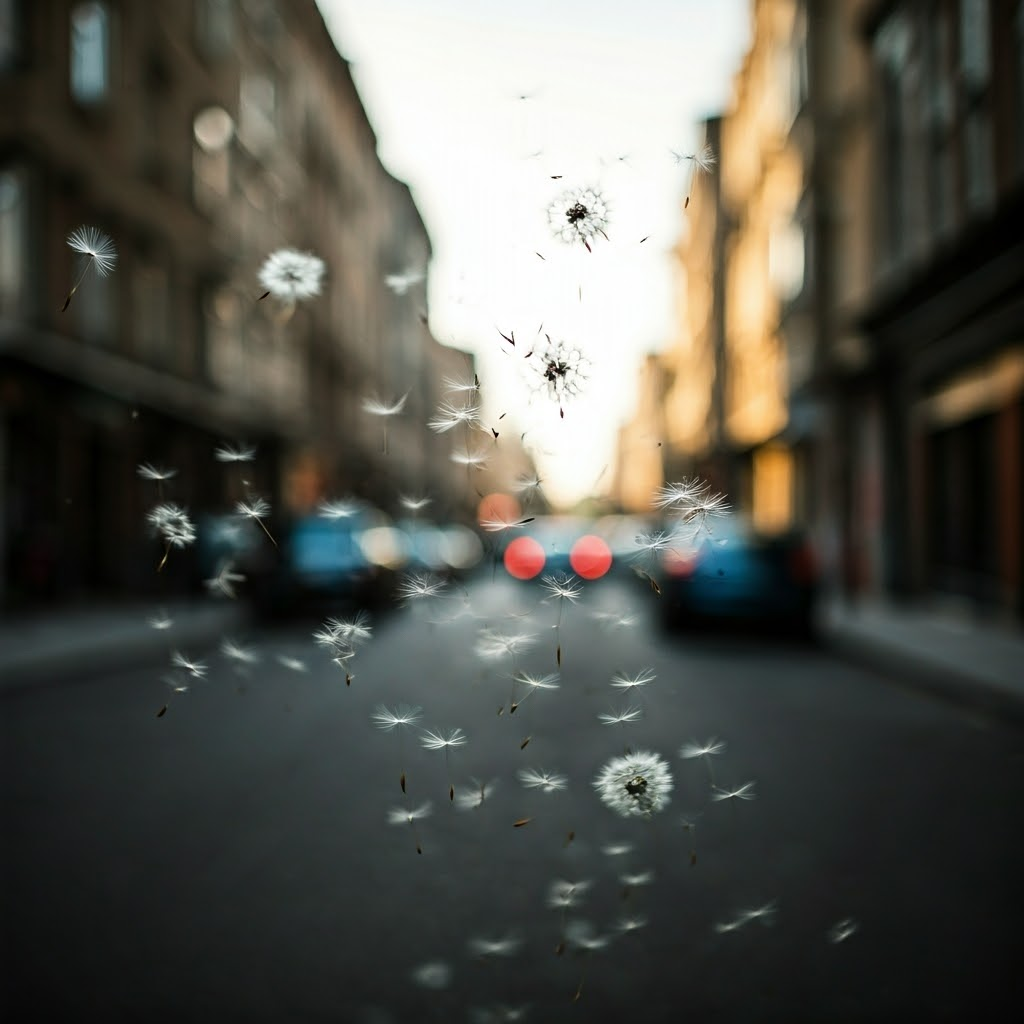 봄철 거리에 꽃가루 날리는 사진