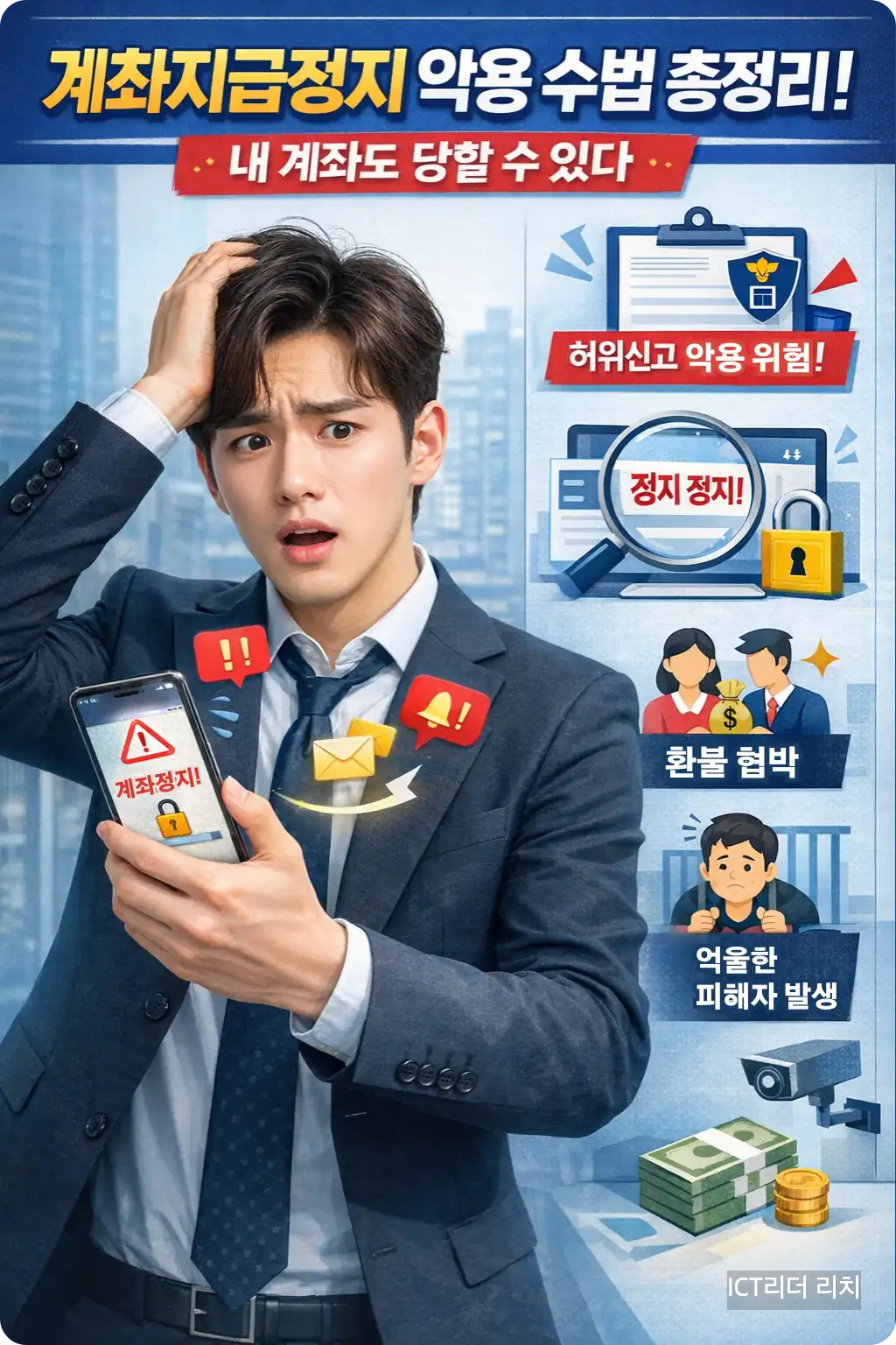 계좌 지급정지 경고에 놀란 20대 남성의 실사형 고화질 인포그래픽