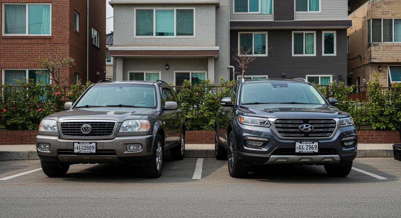 한국의 주택가 도로에 나란히 주차된 SUV와 세단 비교 실사 이미지