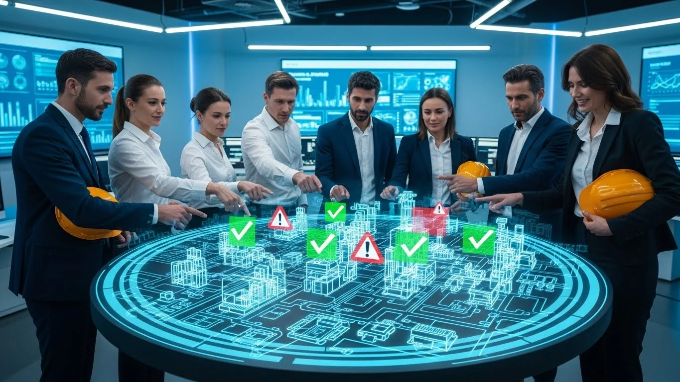 전문 컨설턴트와 관리자들이 공장 홀로그램을 보며 2025년 상향된 위험성평가 인정 기준에 맞춰 성공적으로 안전 시스템을 개선하는 모습