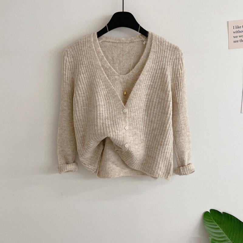 허니제이 세트 소핀트 보들 브이넥 나시 골지 니트 가디건