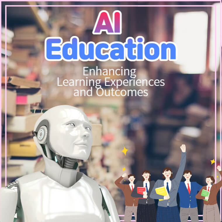 Image-of-cheering-students-with-artificial-intelligence-robots-in-the-background-of-blurry-piled-books-Main-title-AI-Education-subtitle-Enhancing-Learning-Experiences-and-Outcomes