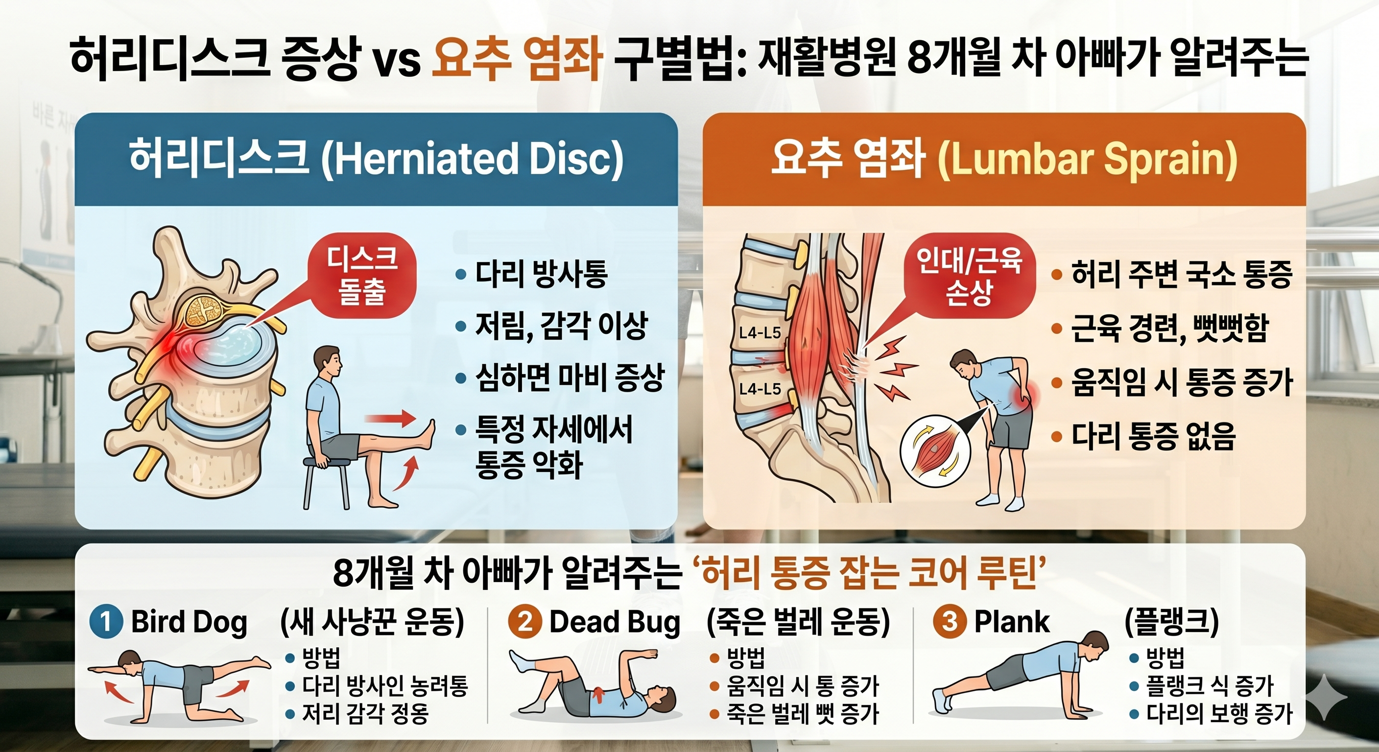 허리디스크 증상 vs 요추 염좌 구별법: 재활병원 8개월 차 아빠가 알려주는 허리 통증 잡는 코어 루틴