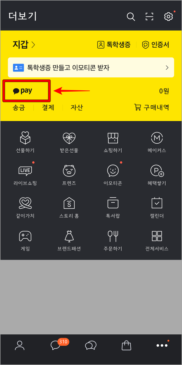카카오톡의 더보기로 접속한 뒤&#44; 페이 버튼을 선택