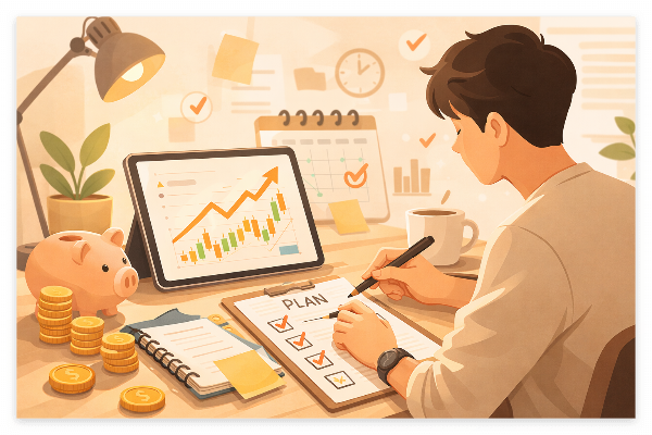 장기투자 계획을 점검하며 S&amp;P500 ETF 적립 전략을 세우는 개인 투자자 일러스트