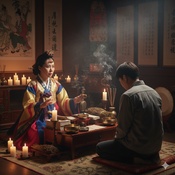 “무속인 방은미” – 전통 의상 또는 차분한 공간에서 상담하는 이미지