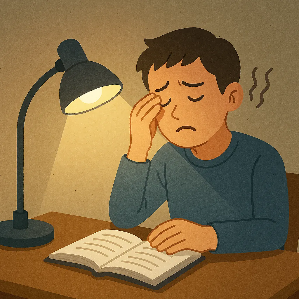 스탠드-불빛-아래에서-눈이-쉽게-피로해지는-이유를-표현한-이미지-책상과-집중하는-사람-시각화