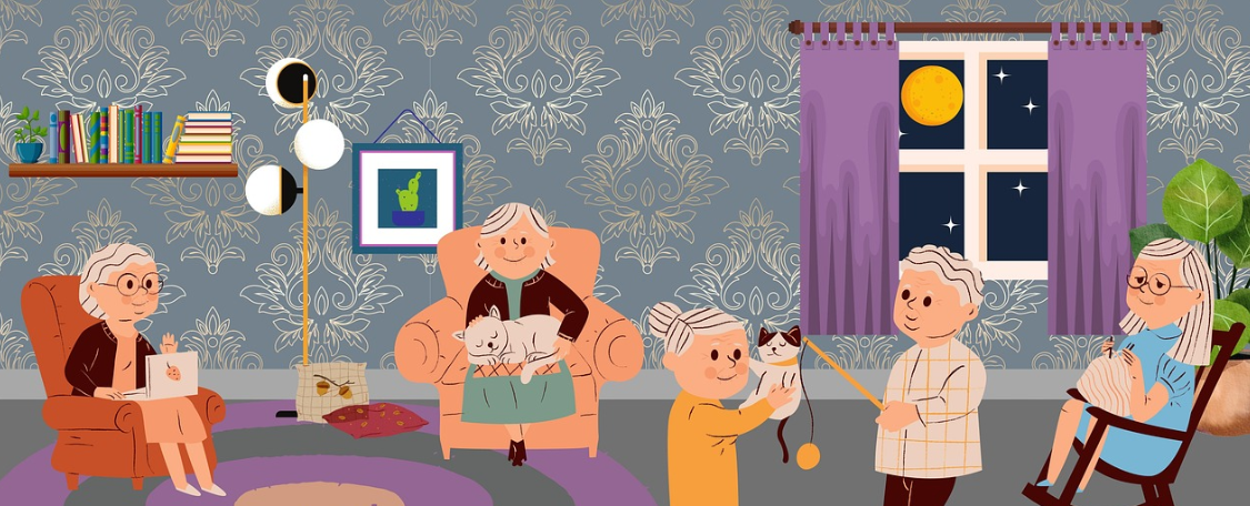 거실에서 편안히 휴식을 취하는 어르신들의 그림