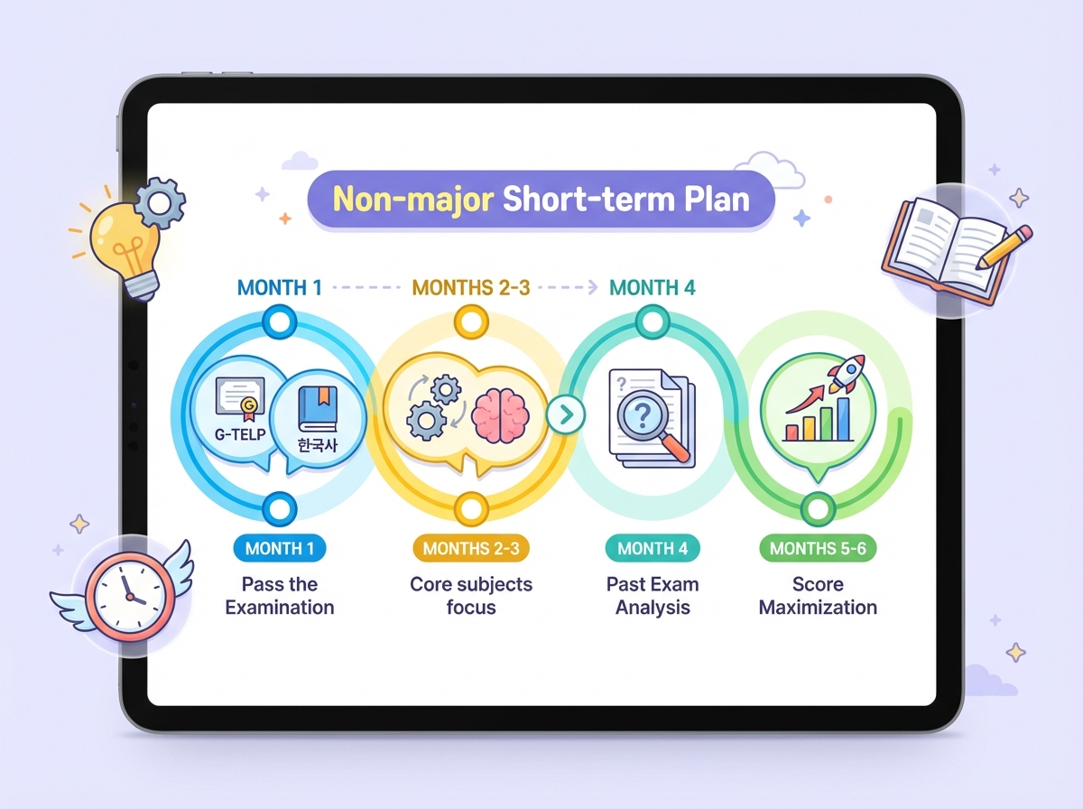 A stylized digital planner displaying a 6-month short-term study schedule for non-majors aiming for a military employee exam.