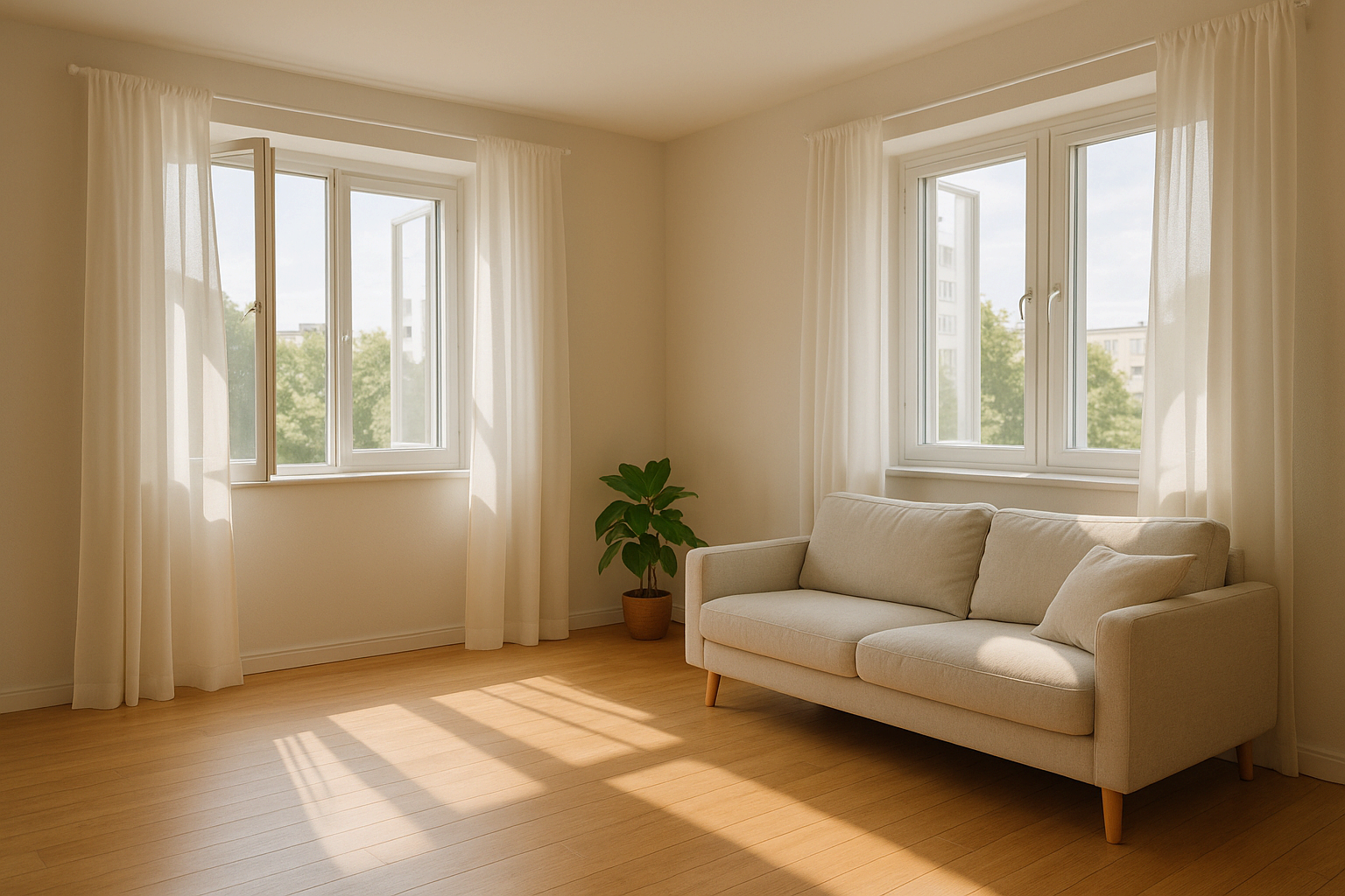 양쪽 창문이 열려 자연스러운 바람이 드나드는 밝은 거실