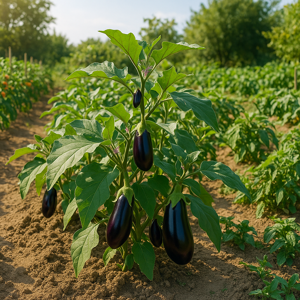 밭에서 자라고 있는 탐스러운 가지 열매