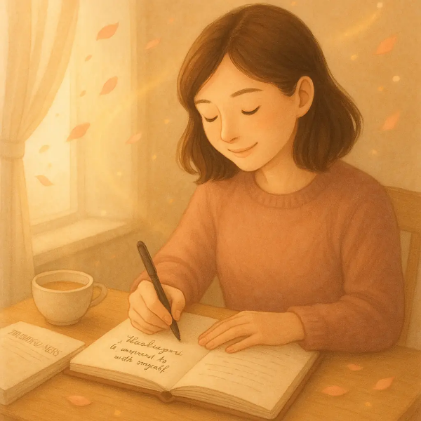 창가 옆 따뜻한 조명 아래에서 일기를 쓰며 감정을 정리하는 인물의 감성적 순간을 그린 일러스트