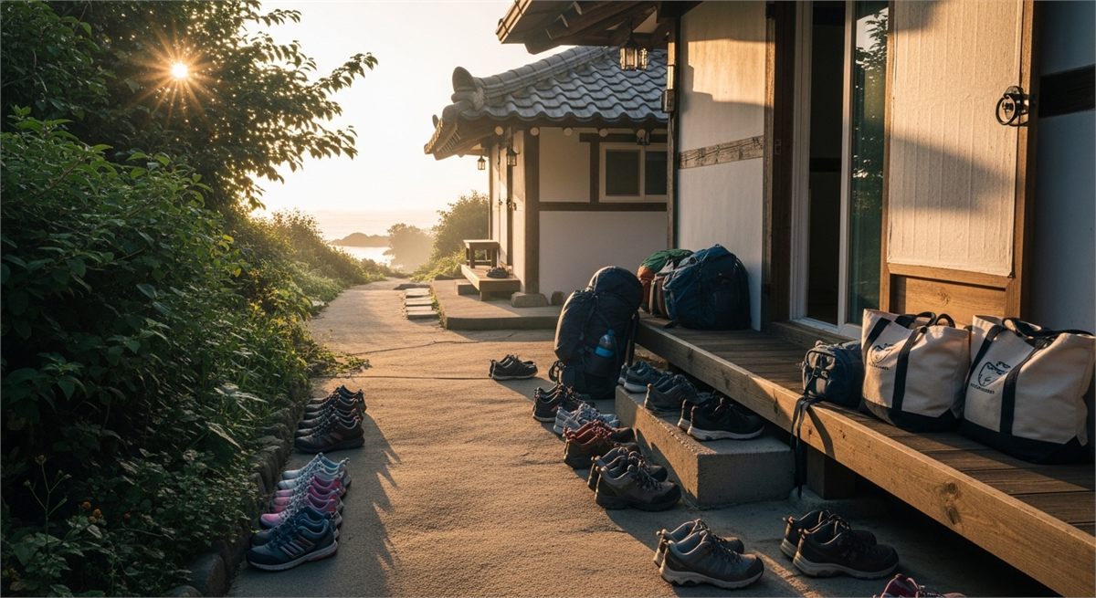 여러 명이 머무는 여행 분위기를 보여주는 짐과 신발 장면 