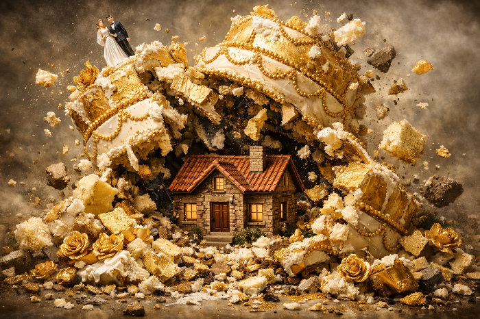 허례허식인 웨딩 케이크가 무너지고 드러나는 주거 안정의 가치.