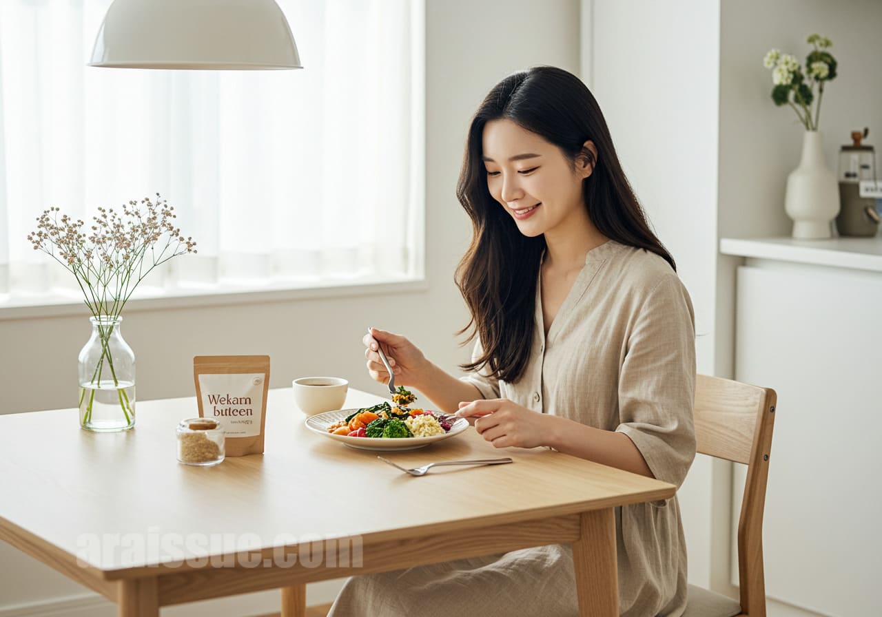 식물성 식사를 즐기는 한국 여성, 항산화 성분이 풍부한 음식을 먹는 모습