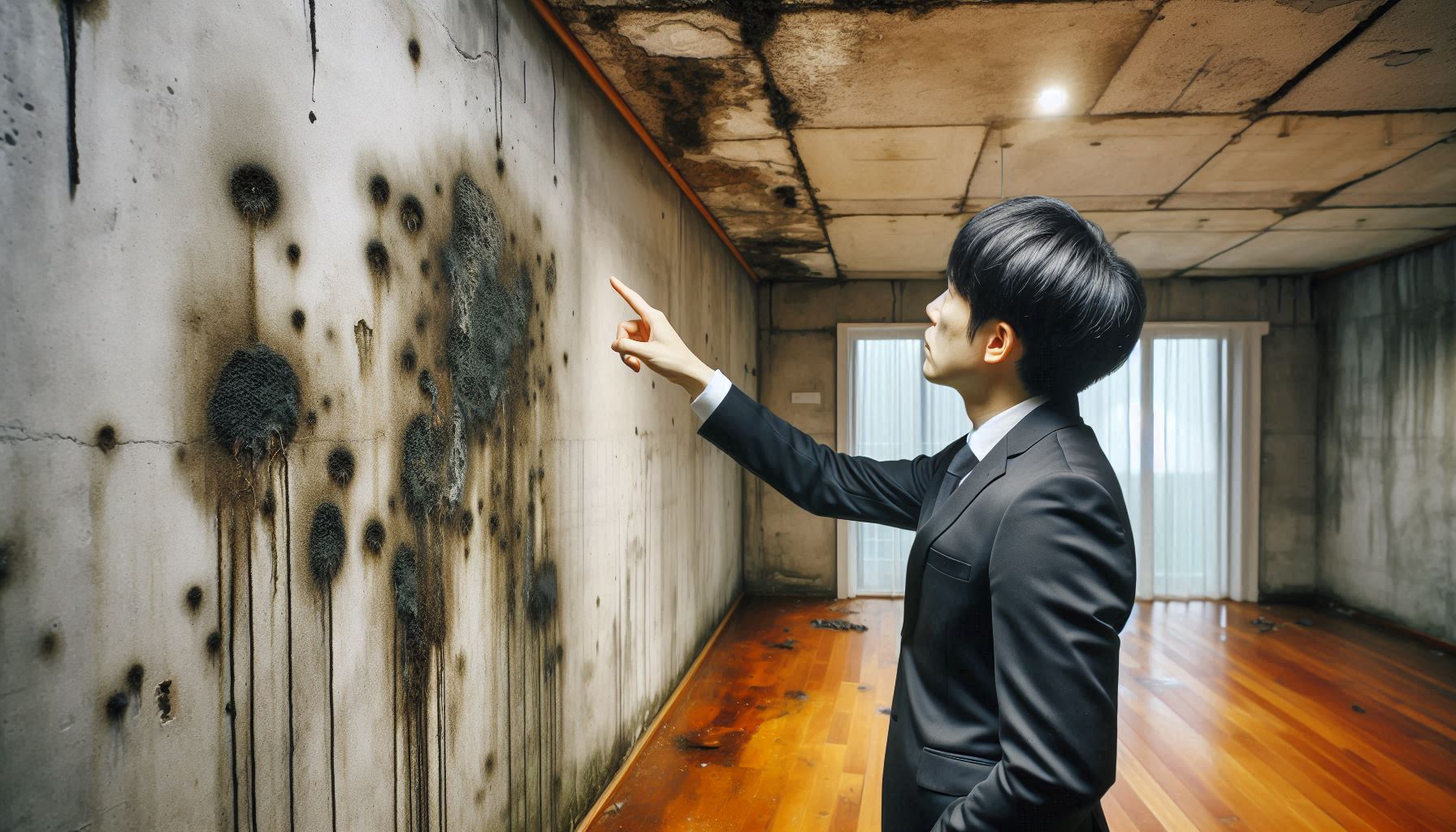 신축 빌라 내부의 부실 시공 흔적. 벽의 균열과 곰팡이, 천장의 누수 자국이 보이는 실내 모습. 문제점을 지적하는 공인중개사