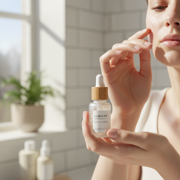 한 사람이 부드럽게 피부에 화장품을 바르며 마이크로바이옴 케어 루틴을 실천하는 모습