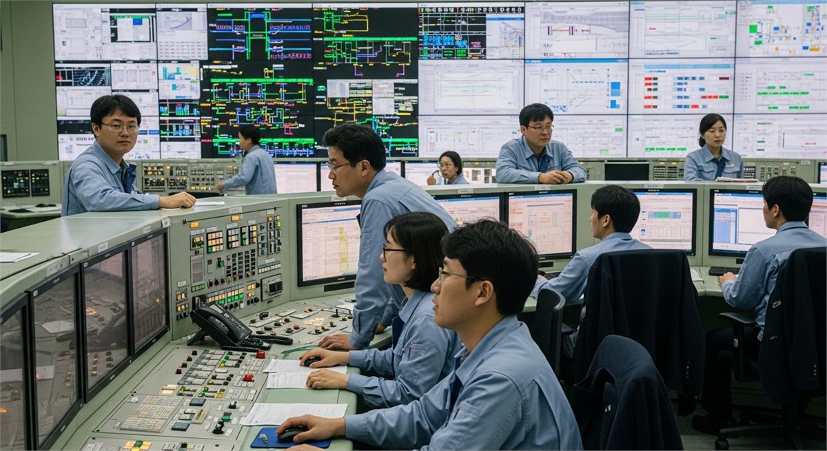 제어실에서 설비를 점검하는 기술자들의 모습 