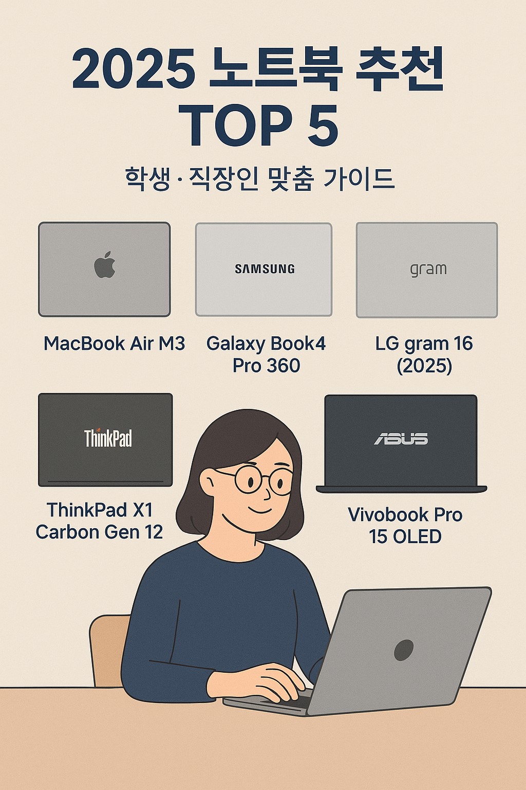 2025 노트북 추천 대표 인포그래픽: 학생과 직장인 맞춤 TOP 5 가이드