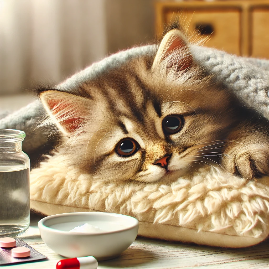 시무룩하게 엎드려 있는 고양이 그리고 앞에 약과 물 그릇