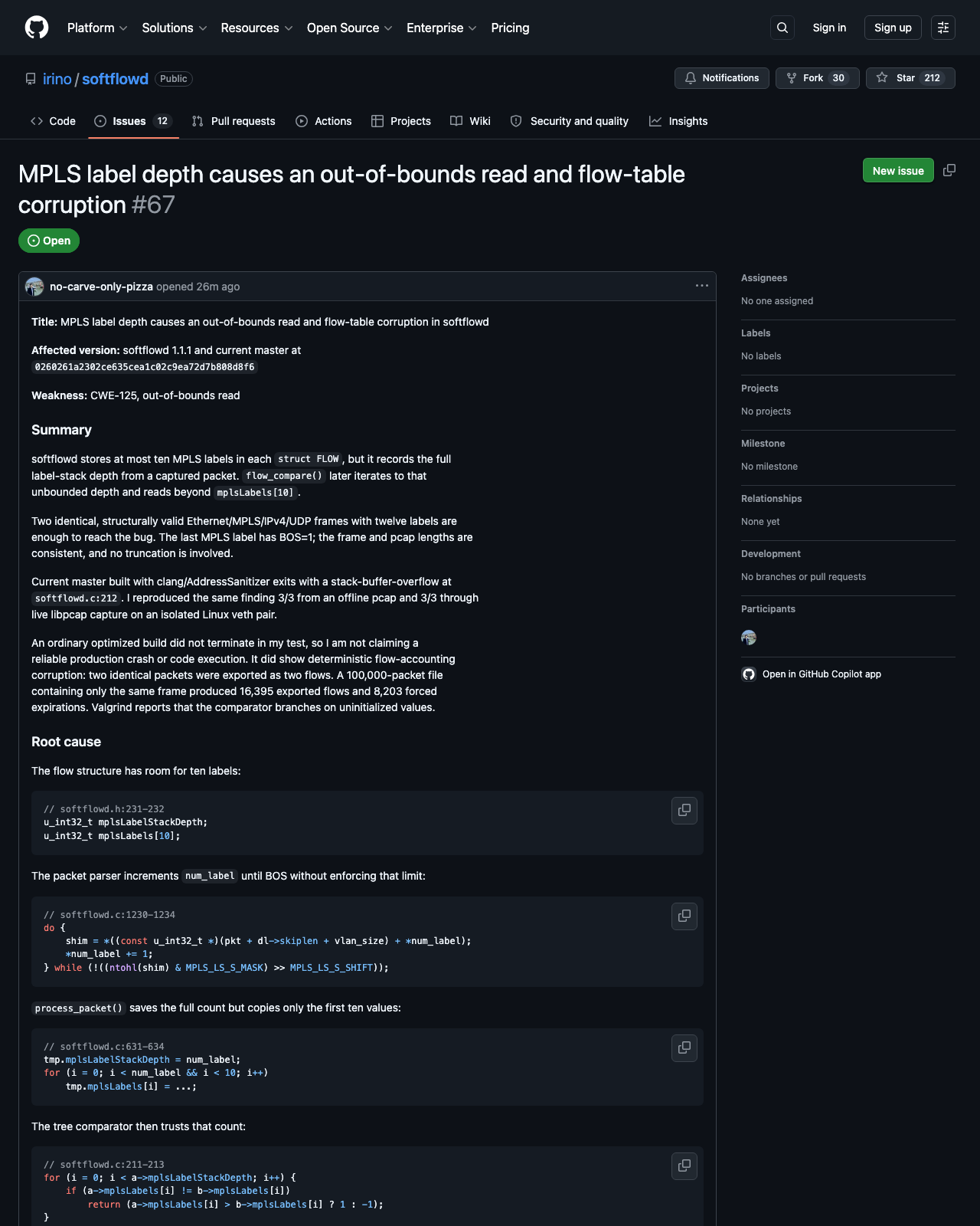 PVR이 없는 오픈소스 프로젝트에 GitHub 이슈로 취약점을 제보한 화면