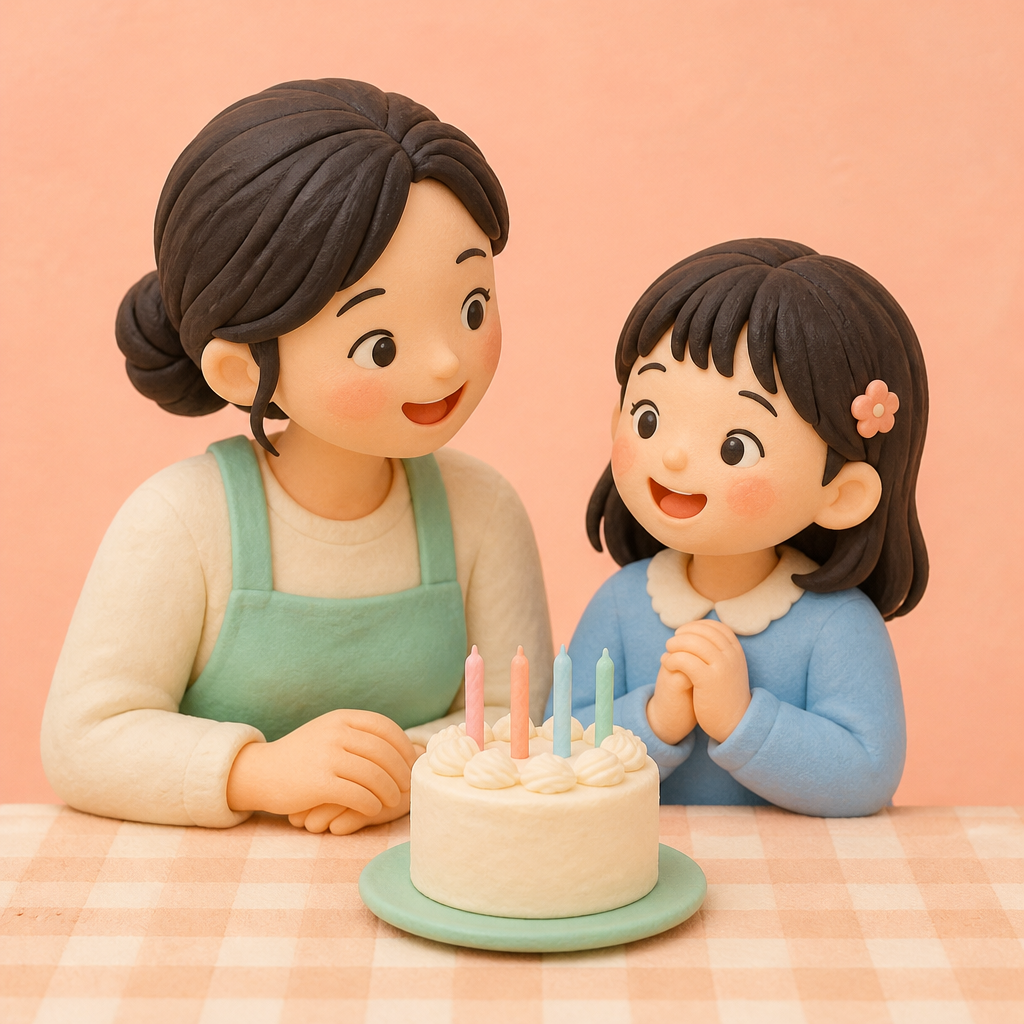부엌 식탁에서 엄마와 초등학생 딸이 생일 케이크를 앞에 둔 모습