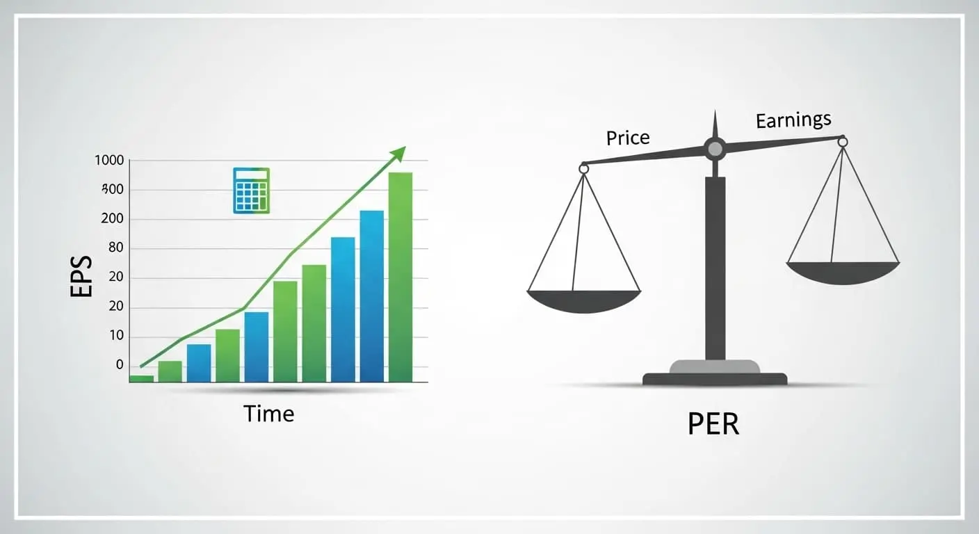 EPS(주당순이익)의 성장 추세와 PER(주가수익비율)의 균형을 시각적으로 보여주는 현대적인 인포그래픽.