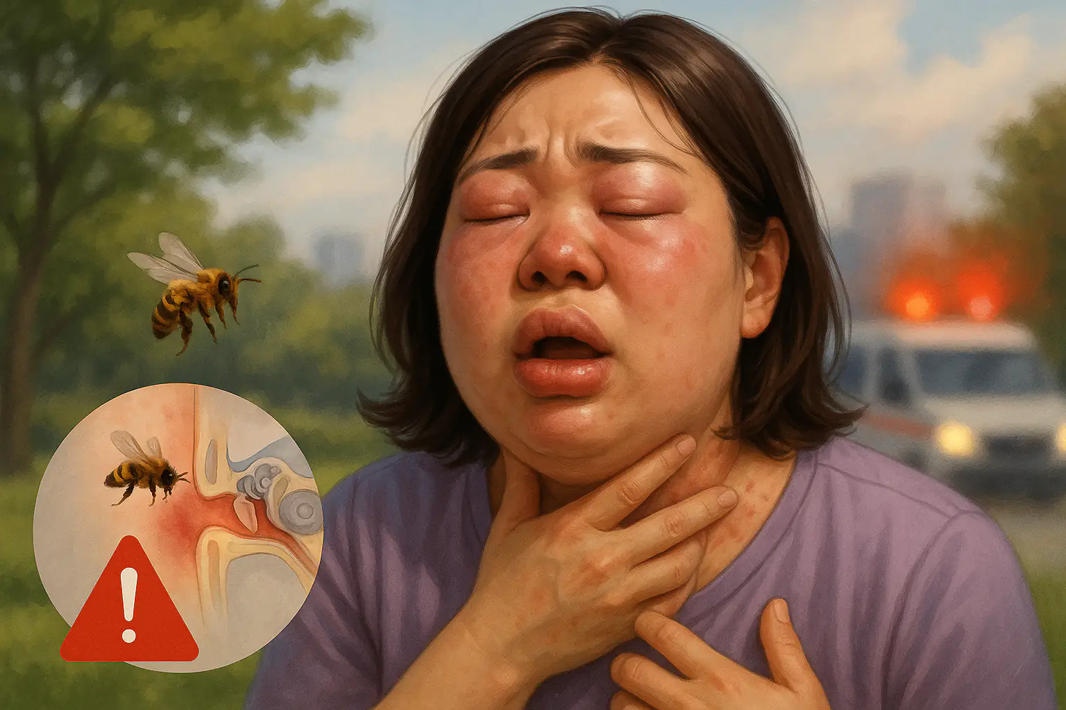 벌에 쏘인 뒤 얼굴과 입술이 심하게 붓고 호흡 곤란을 호소하는 사람, 아나필락시스