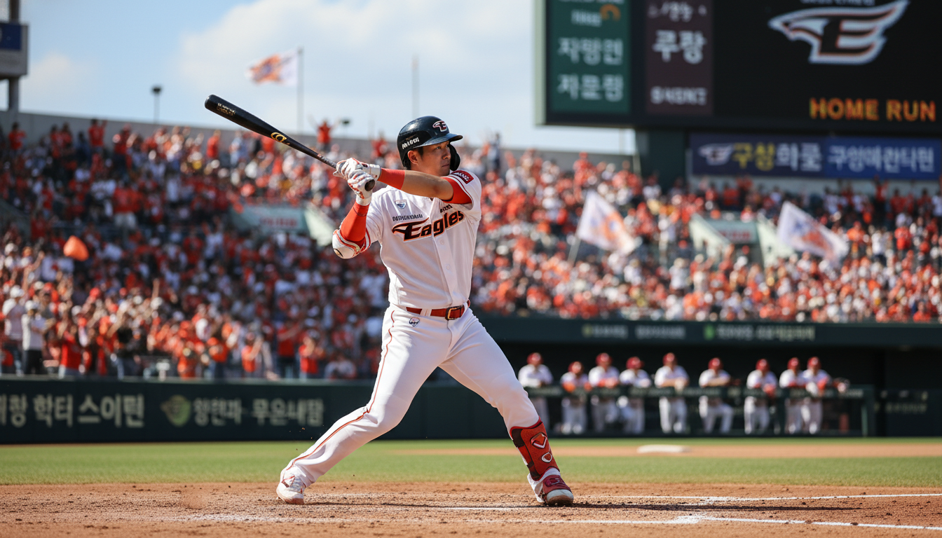 한화 이글스 유니폼을 입고 역동적으로 스윙하는 손아섭 선수의 모습. 그의 뒤로는 열정적인 한화 팬들과 홈 구장이 보인다. 새로운 시작과 팀의 도약을 상징하는 이미지.