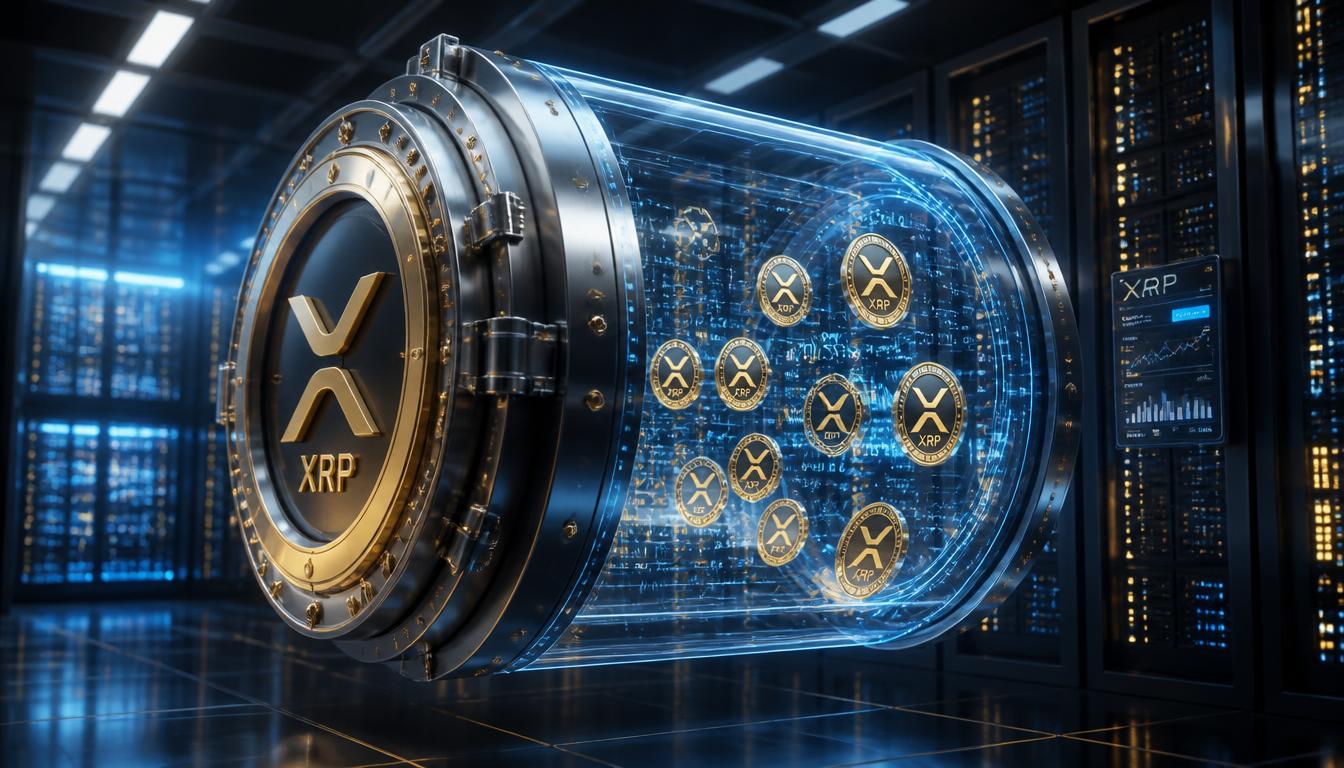 A futuristic digital vault storing XRP tokens representing XLS-65 vault and XLS-66 lending protocol on XRP Ledger.