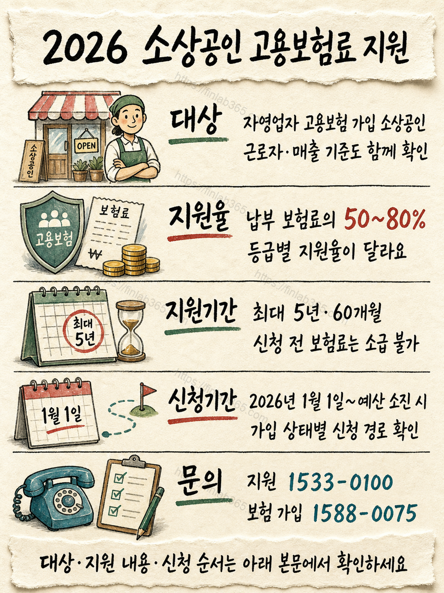 2026 소상공인 고용보험료 지원: 50~80%&middot;최대 5년&middot;신청 경로 확인의 공식 대상, 지원 내용과 확인 절차를 깨끗한 한지 질감의 손그림으로 정리한 인포그래픽