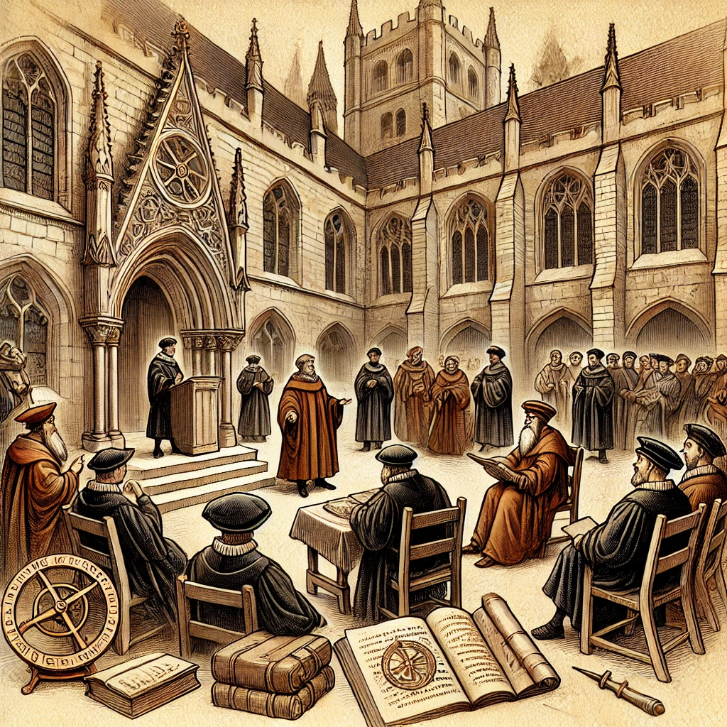 고딕 아치 아래에서 토론하는 학자