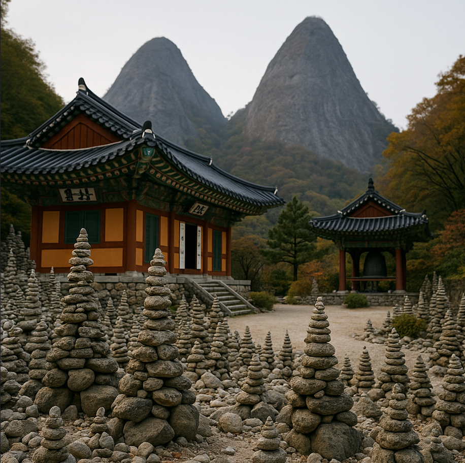 마이산을 배경으로 한 돌탑 사진