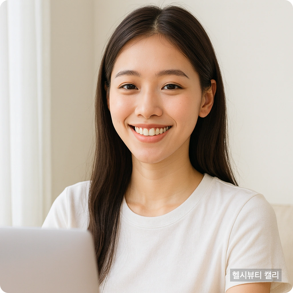 밝은 실내에서 자연스럽게 미소 짓는 20대 여성 - 노트북 앞에 앉아있는 고화질 대표 이미지