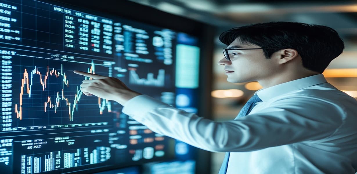 한국 금융 전문가가 환율 그래프를 지켜보는 장면
