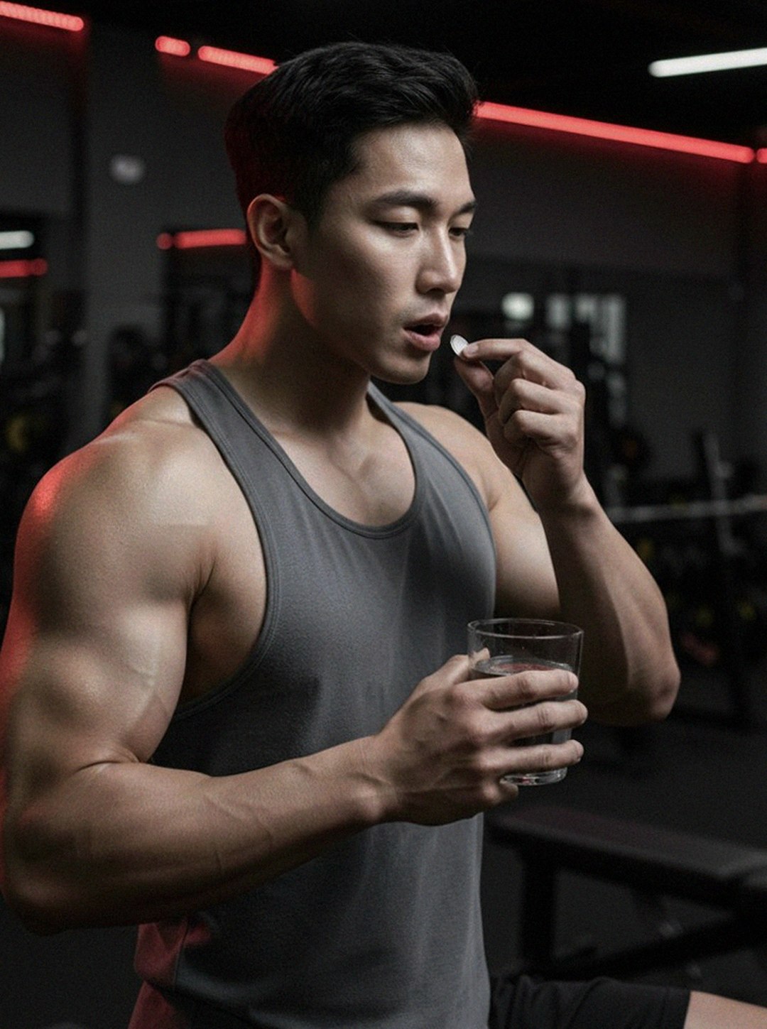 Korean Asian man in 40s searching smartphone at dining table with supplement boxes