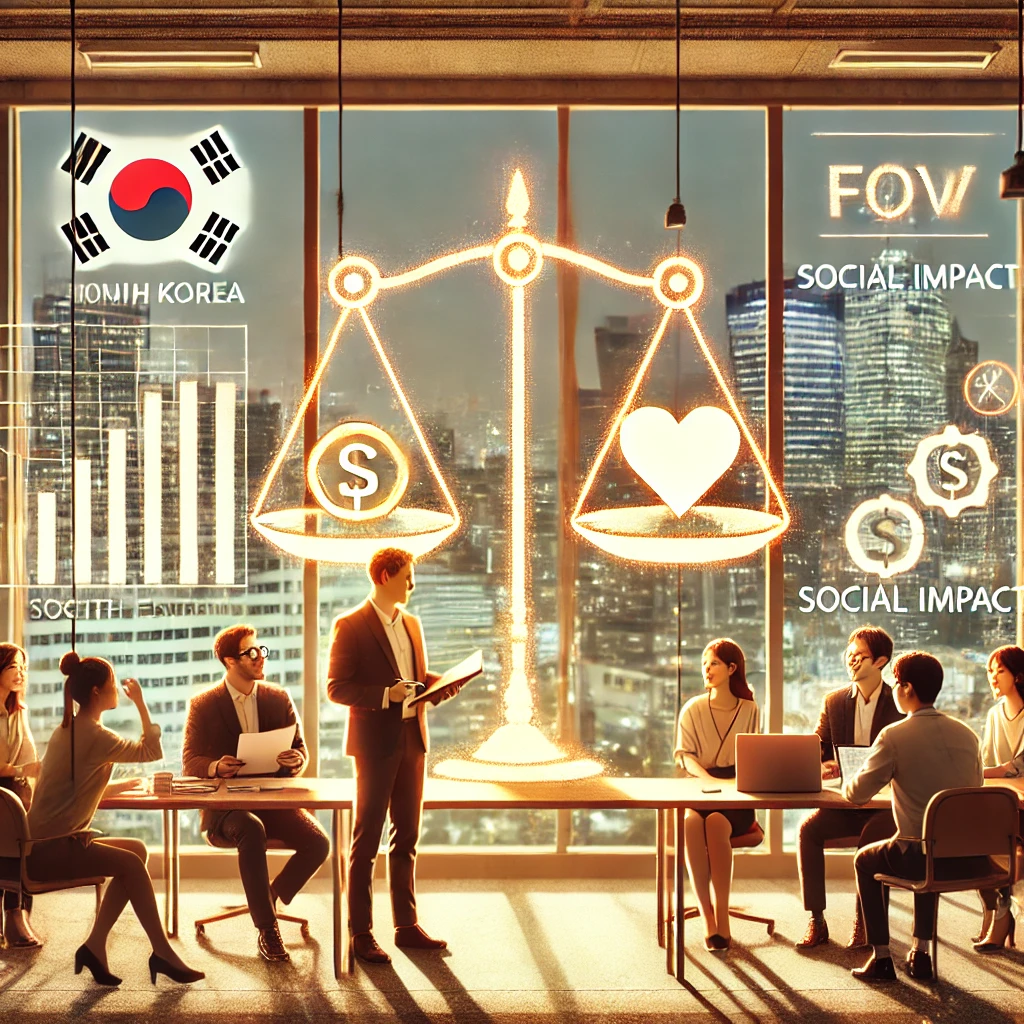 “사무실에서 함께 회의하고 협업 중인 한국의 비영리단체 구성원들이 사회적기업 전환을 준비하는 모습. 화이트보드에는 하트와 통화 기호, 균형저울이 그려져 있으며, 창 밖에는 현대적인 한국 도시가 보인다. 분위기는 따뜻하고 긍정적이다.”