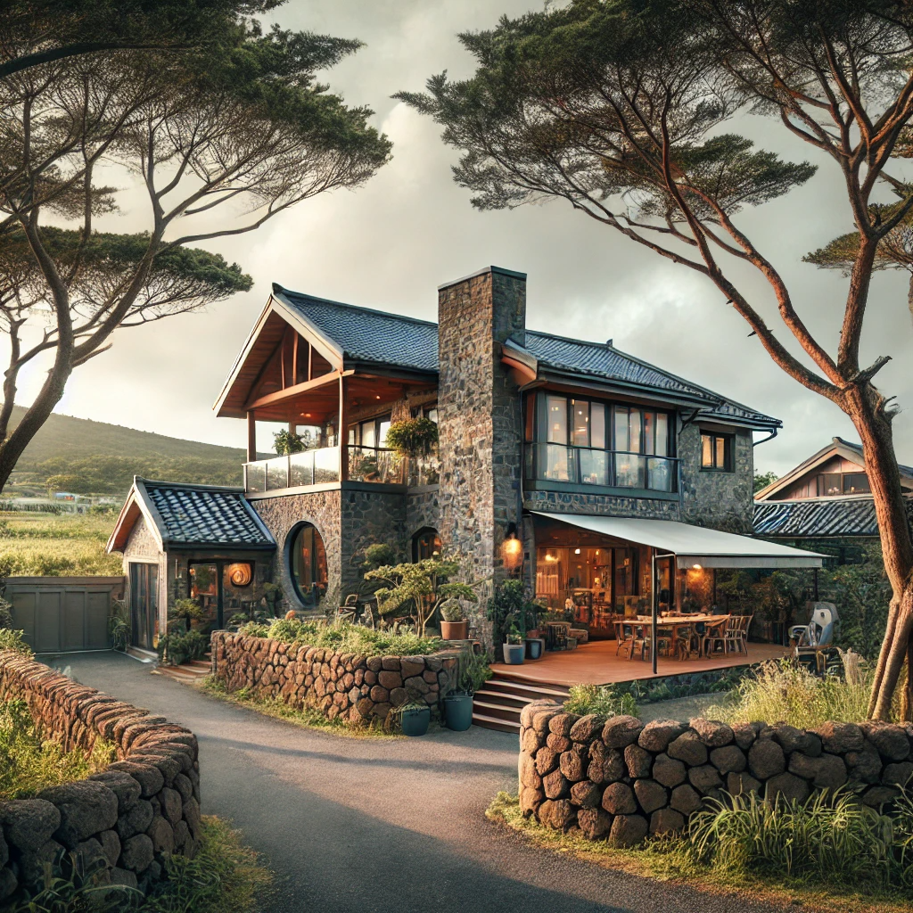 전통 돌담이 둘러싸고 있는 혼합된 현대적 및 전통적 디자인의 제주 펜션.