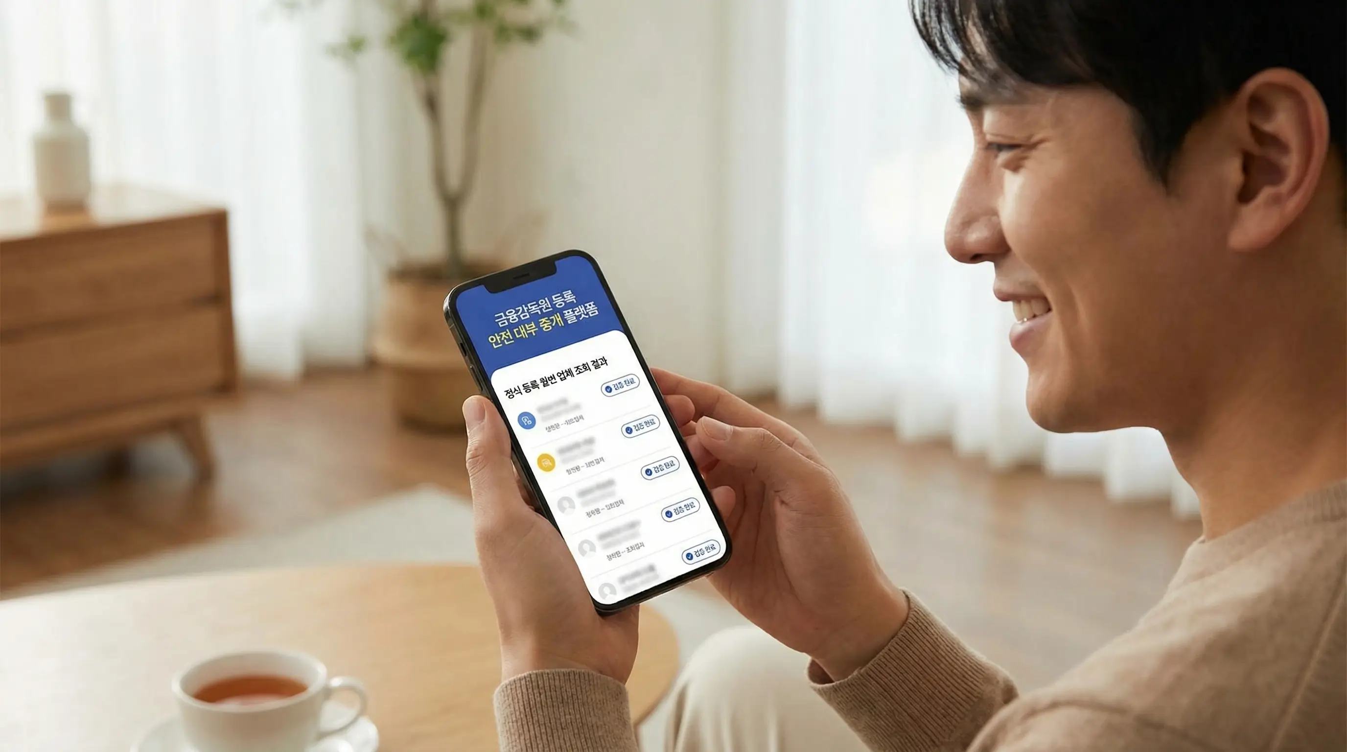 스마트폰으로 안전한 대부 중개 플랫폼에 접속하여 정식 등록된 월변 업체를 조회하고 안도하는 모습