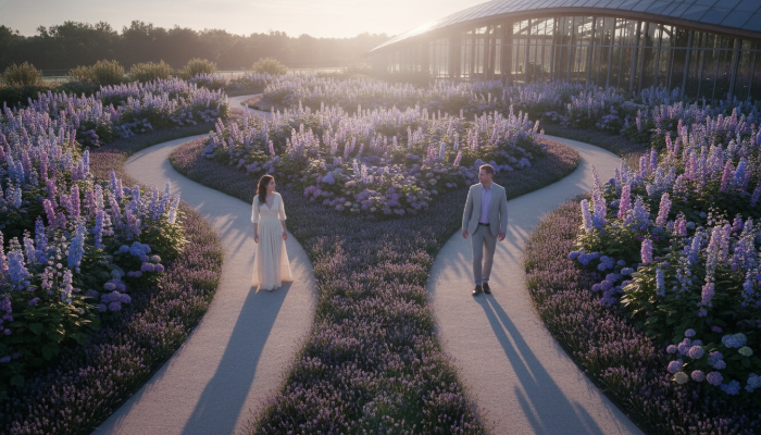 연애의 건강한 거리두기와 천천히 알아가기(슬로우 러브)를 상징하는 평온한 데이트 장면