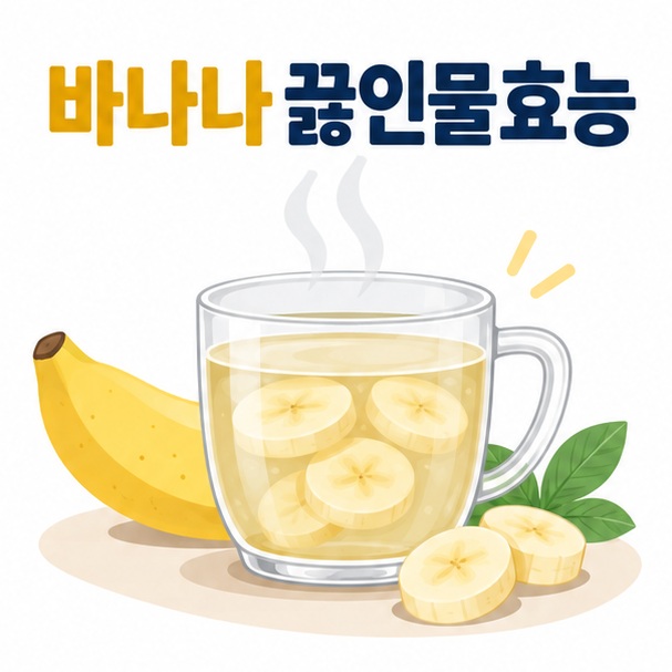 바나나 조각을 따뜻한 물에 끓이는 컵과 바나나 끓인물효능이라는 글자가 중앙에 놓인 교육용 건강 인포그래픽